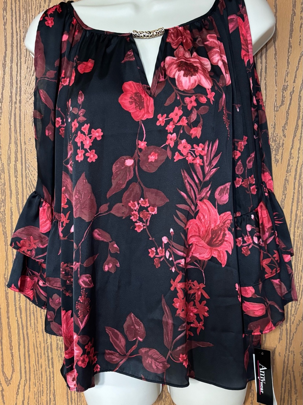 Amywear Avenue Black Floral Cold-Shoulder Blouse with Pink Bloom